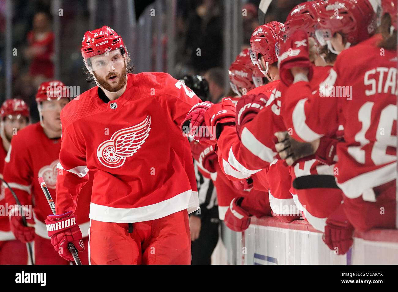 Detroit Red Wings center Michael Rasmussen (27) celebrates his goal ...