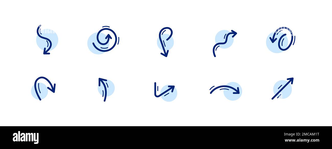 10 pixel perfect arrow icons. Doodle user interface design elements. Set 7 Stock Vector