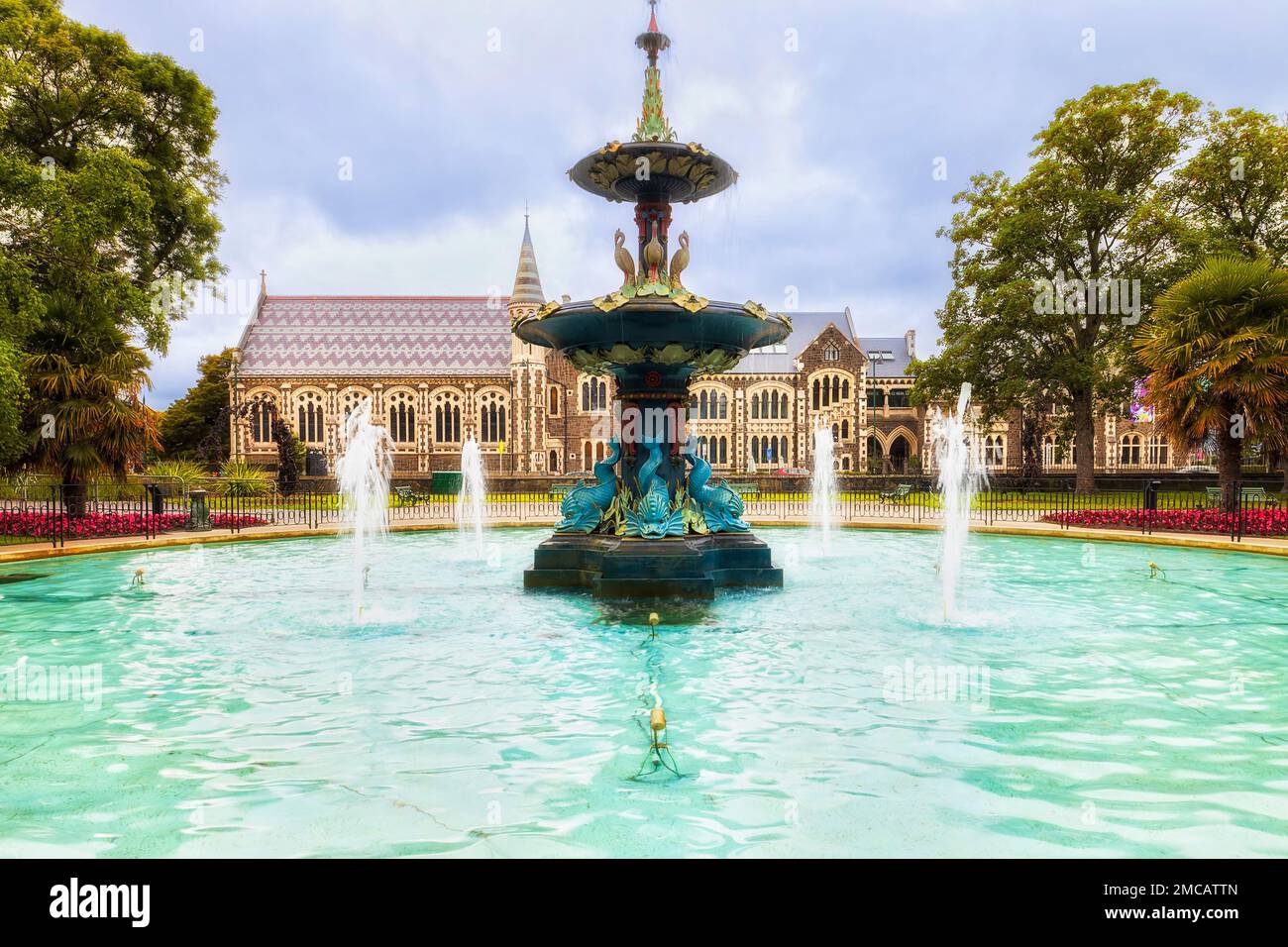 Spectacular fountain in public park of Christchurch city of New Zealand. Stock Photo