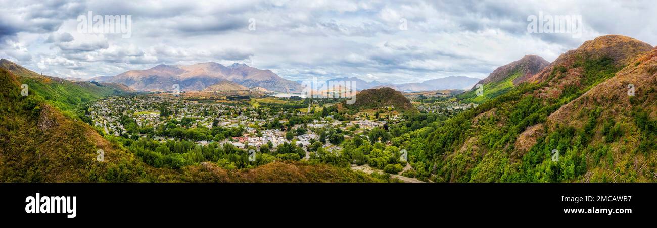 Scenic aerial panorama of Arrowtown in New Zealand Aoraki near QUeenstown at Lake Hayes. Stock Photo