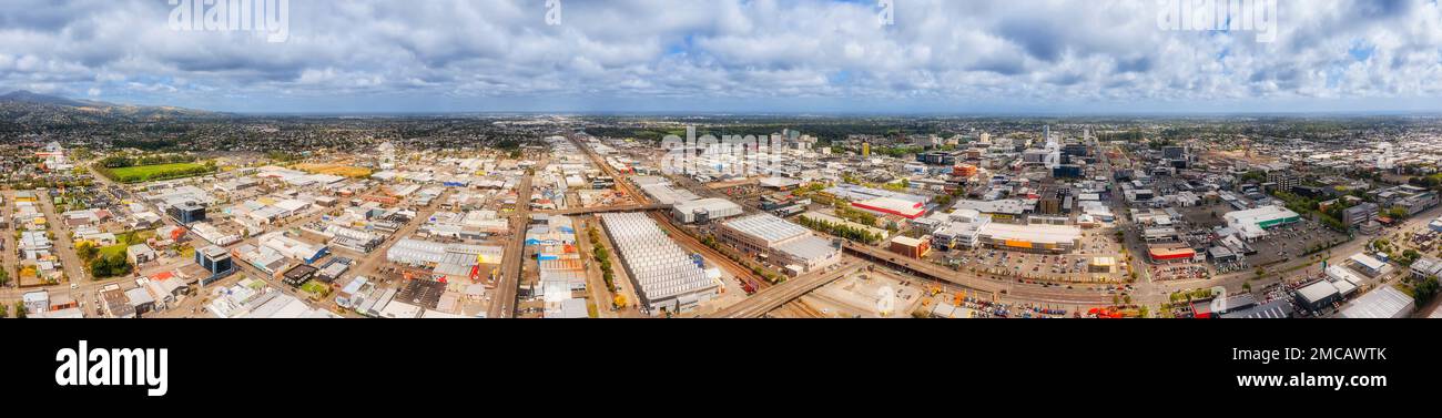WIde aerial panorama of greater Christchurch city of New Zealand from industrial areas of Sydenham to Central city CBD. Stock Photo