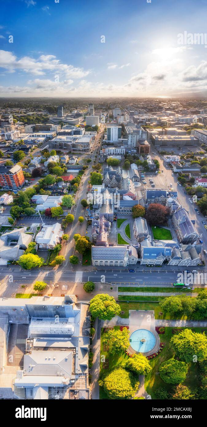 Scenic aerial urban vertical panorama over Christchurch central city downtown streets and buildings. Stock Photo