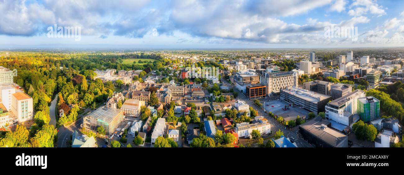 Aerial cityscape panorama of christchurch city skyline in New Zealand Canterbury. Stock Photo