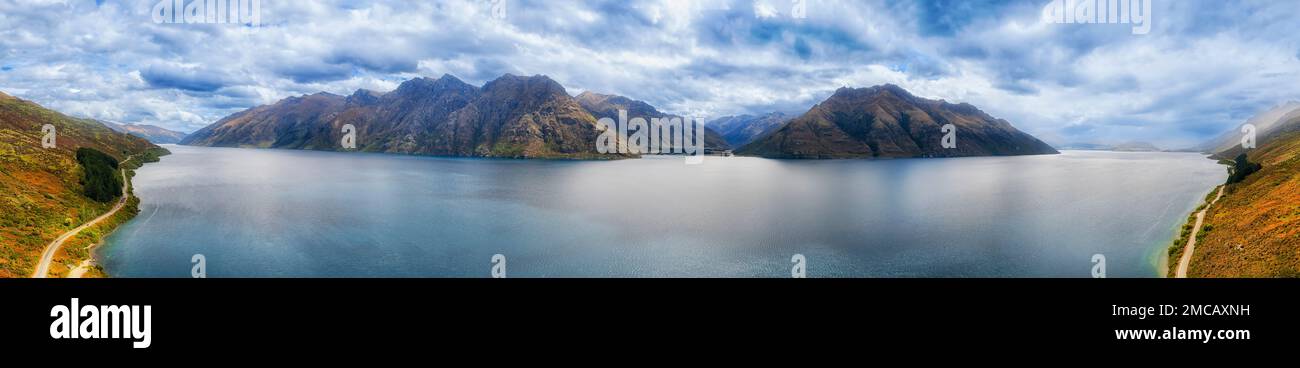 Scenic aerial panorama of Lake Wakatipu in Otago of New Zealand South island near Queenstown - mountain landscape. Stock Photo