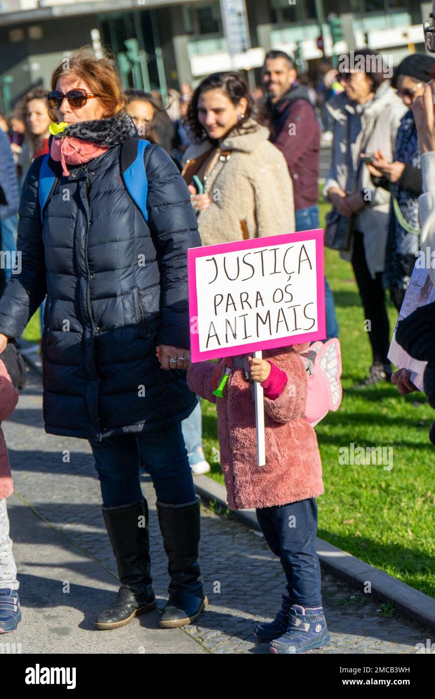 Marquês de Pombal, Lisbon, Portugal, January 21, 2023. Demonstration of protest for animal rights. Protest scheduled after the Constitutional Court co Stock Photo