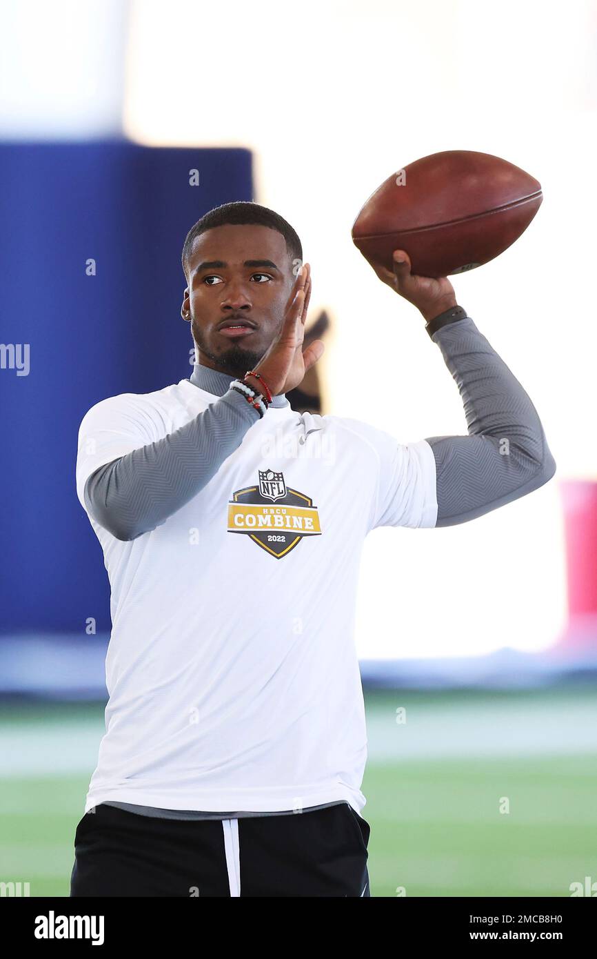 Alcorn State quarterback Felix Harper works position drills at the NFL HBCU  Combine at the University of South Alabama in Mobile, Ala. on Saturday,  Jan. 29, 2022. (Dan Anderson/AP Images for NFL