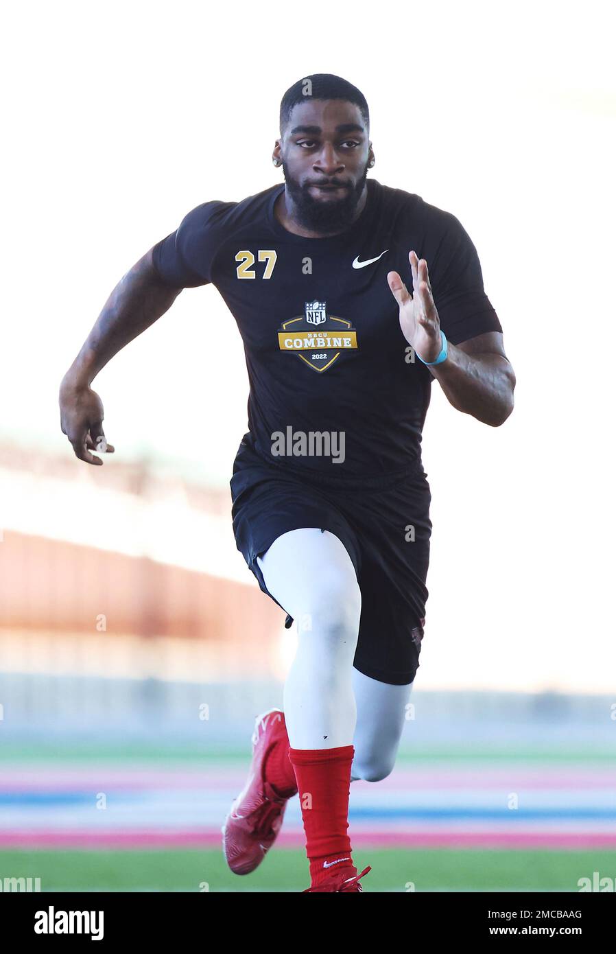 Delaware State wide receiver Trey Gross runs the 40 yard dash at the NFL HBCU  Combine at the University of South Alabama in Mobile, Ala. on Saturday,  Jan. 29, 2022. (Dan Anderson/AP