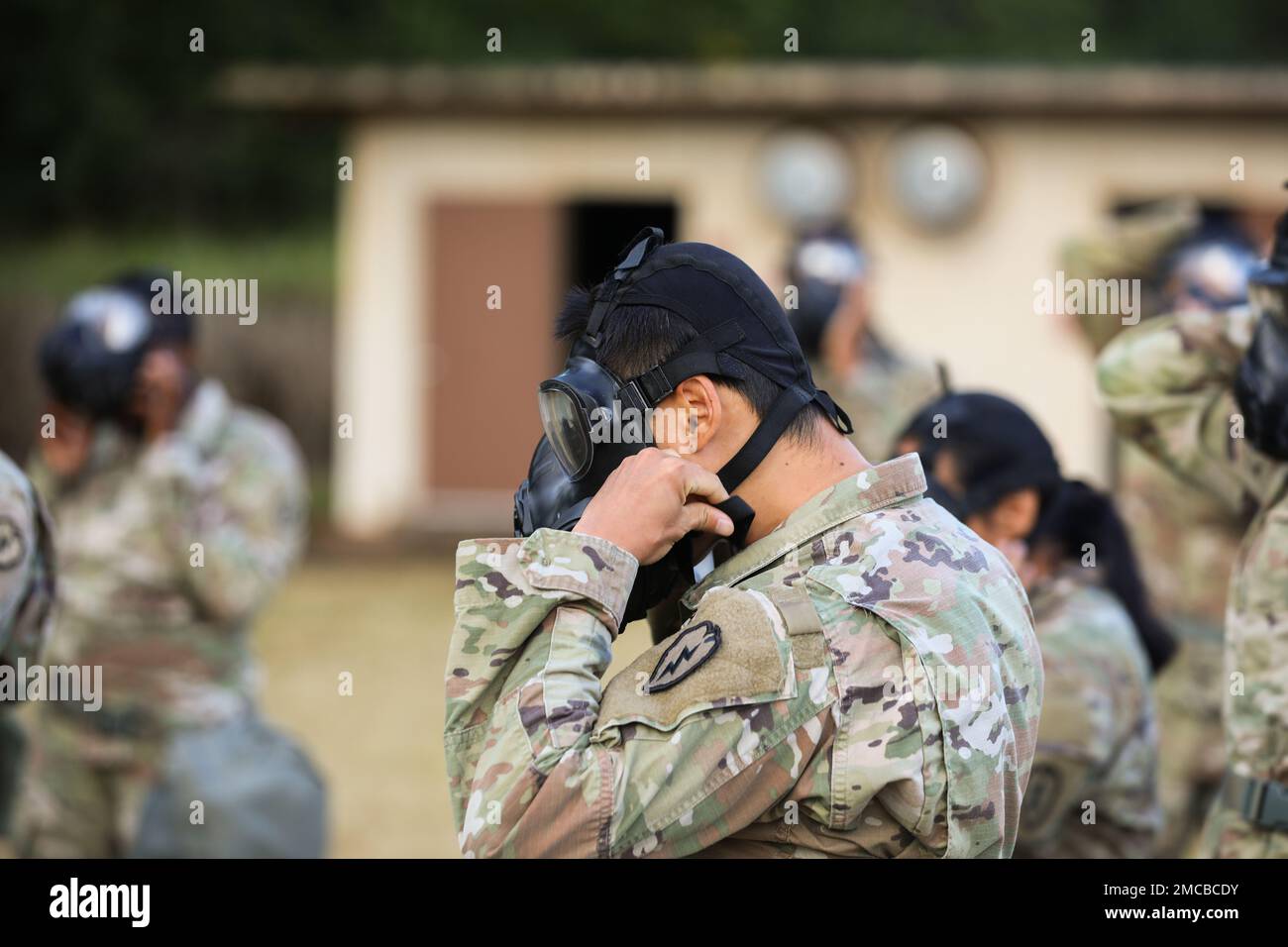 This week, soldiers from 125th FI BN, participated in the Gas Chamber exercise.  The purpose of the gas chamber is to fully understand the importance of their M50 protective mask, how to properly clear and seal said mask when coming into contact with small amounts, then finally removing their mask and being directly exposed to the gas. This proves to them that their mask does in fact work!     U.S. Army Photos by Sgt. Kenyel Jones Stock Photo