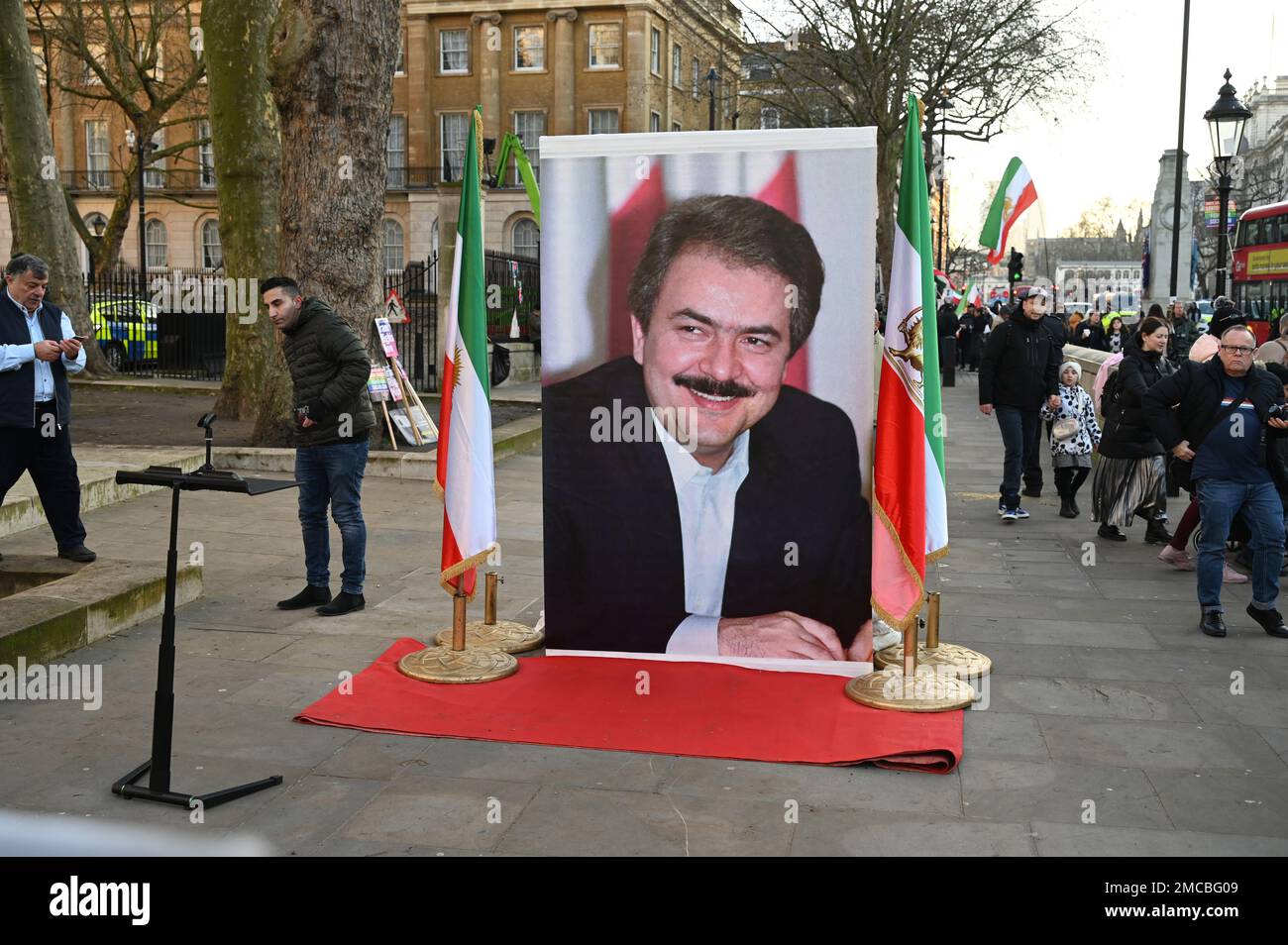 Downing Street, London, UK, 21 January 2023, People's Mojahedin Organization of Iran protesting against Iran government the execution of Alireza Akbari. And Women rights, My body, My choice - women.life.freedom. Calling UK government to sanction Iran, London, UK. Credit: See Li/Picture Capital/Alamy Live News Stock Photo