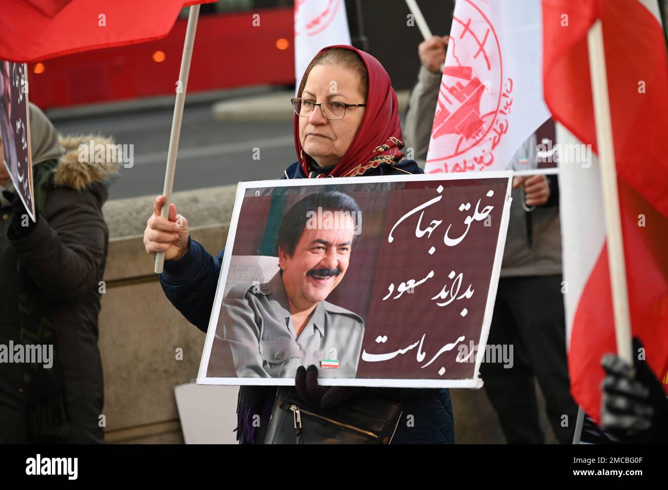 Downing Street, London, UK, 21 January 2023, People's Mojahedin Organization of Iran protesting against Iran government the execution of Alireza Akbari. And Women rights, My body, My choice - women.life.freedom. Calling UK government to sanction Iran, London, UK. Credit: See Li/Picture Capital/Alamy Live News Stock Photo