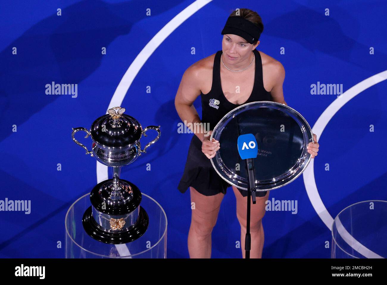 Danielle Collins of the U.S. holds her runners' up trophy after losing