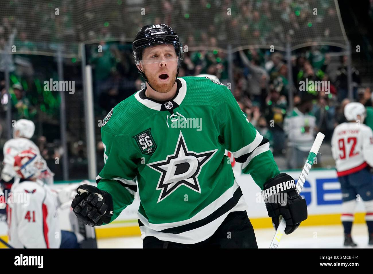 Dallas Stars Joe Pavelski celebrates after scoring a goal that was disallowed following a video replay during an NHL hockey game against the Washington Capitals in Dallas, Friday, Jan