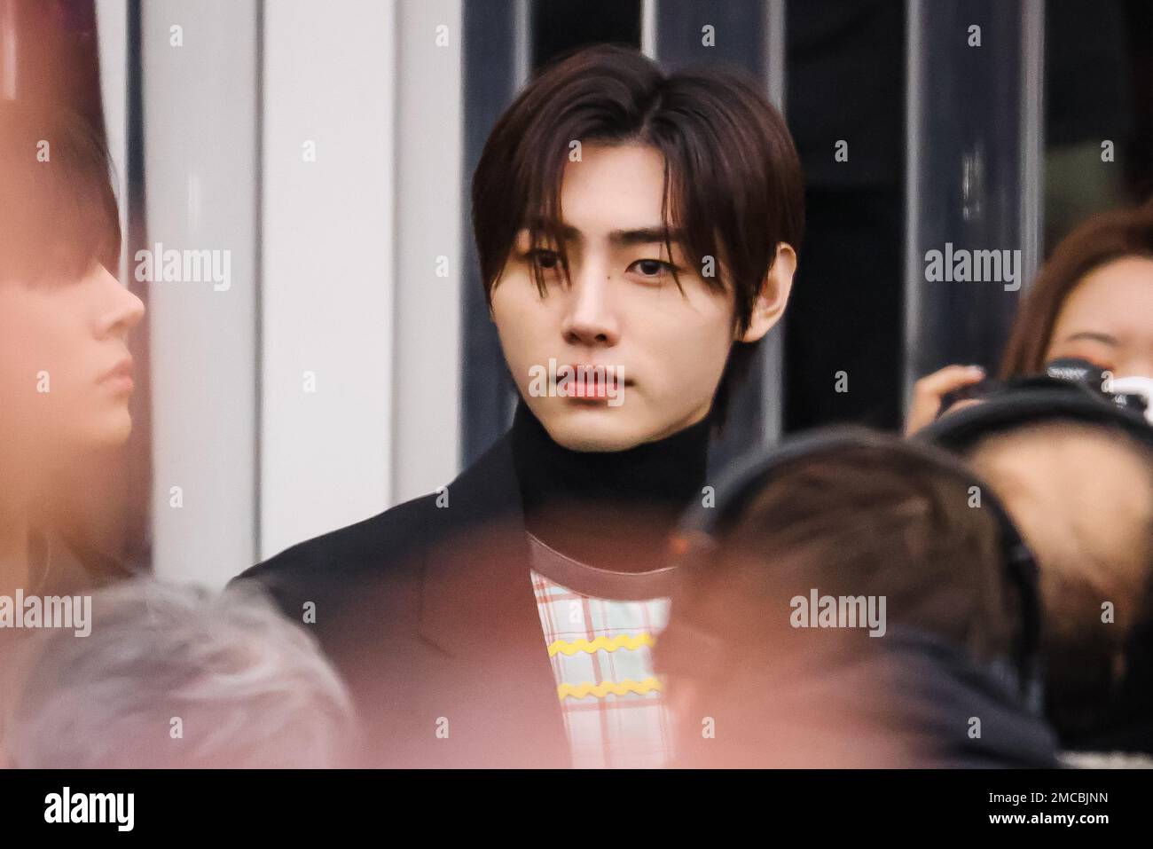 Milan, Italy. 15th Jan, 2023. Jungwon, Heeseung, Jake, Jay, Ni-ki, Sunghoon  and Sunoo of Enhypen attends the Prada Fashion Show during the Milan Men's  Fashion Week Fall/Winter 2023/2024 on January 15, 2023