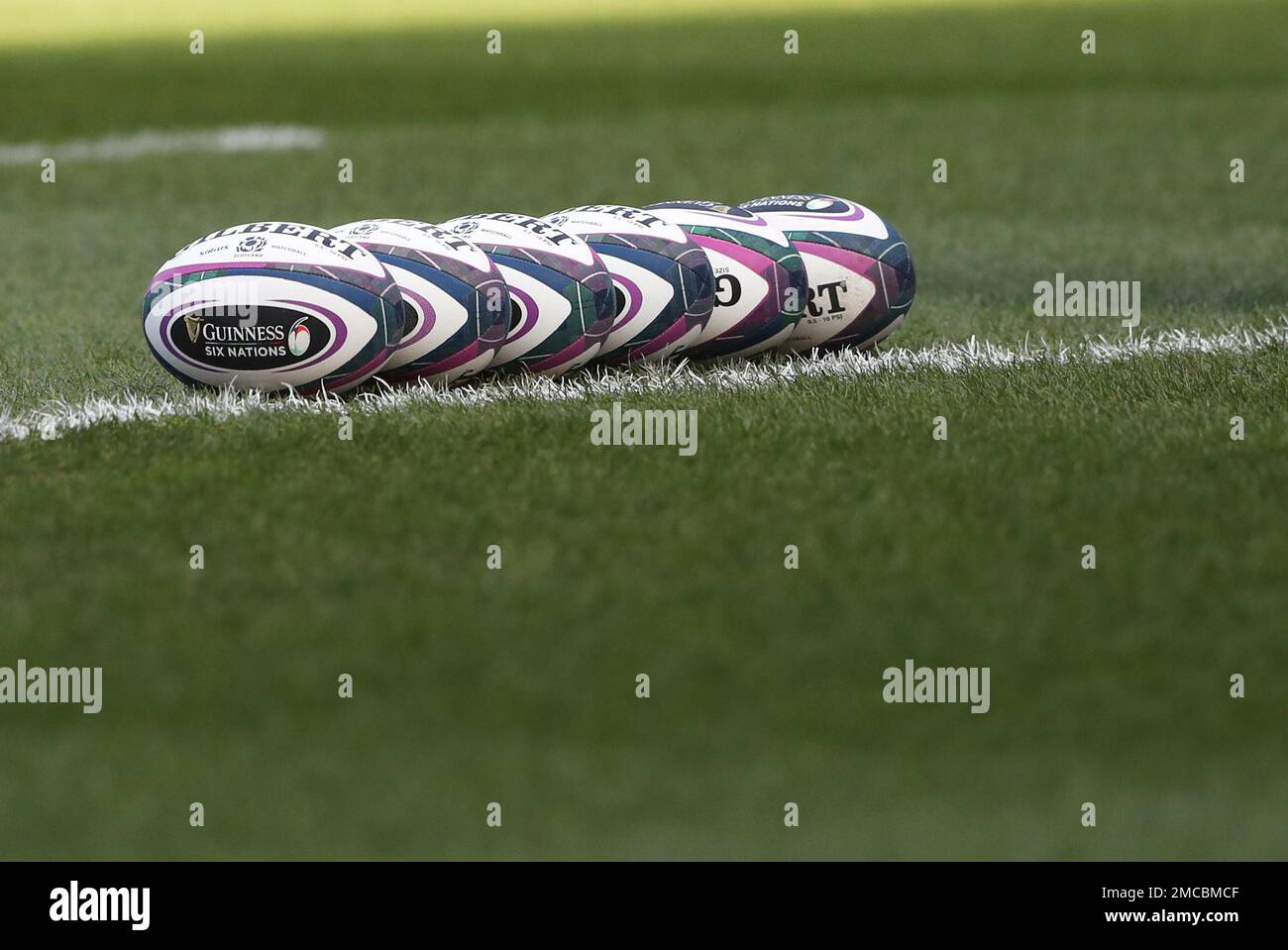 FILE Rugby balls are lined up on the pitch prior to the start of the