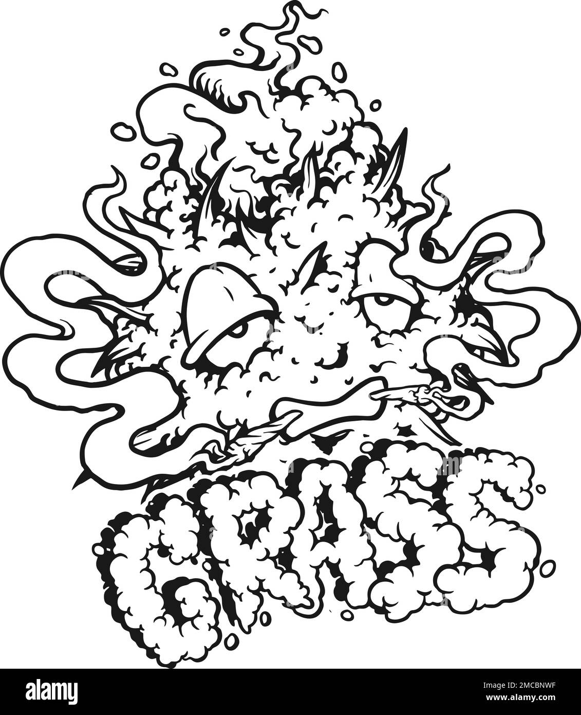 Monster cannabis bud leaf smoking weed with grass word hand lettering