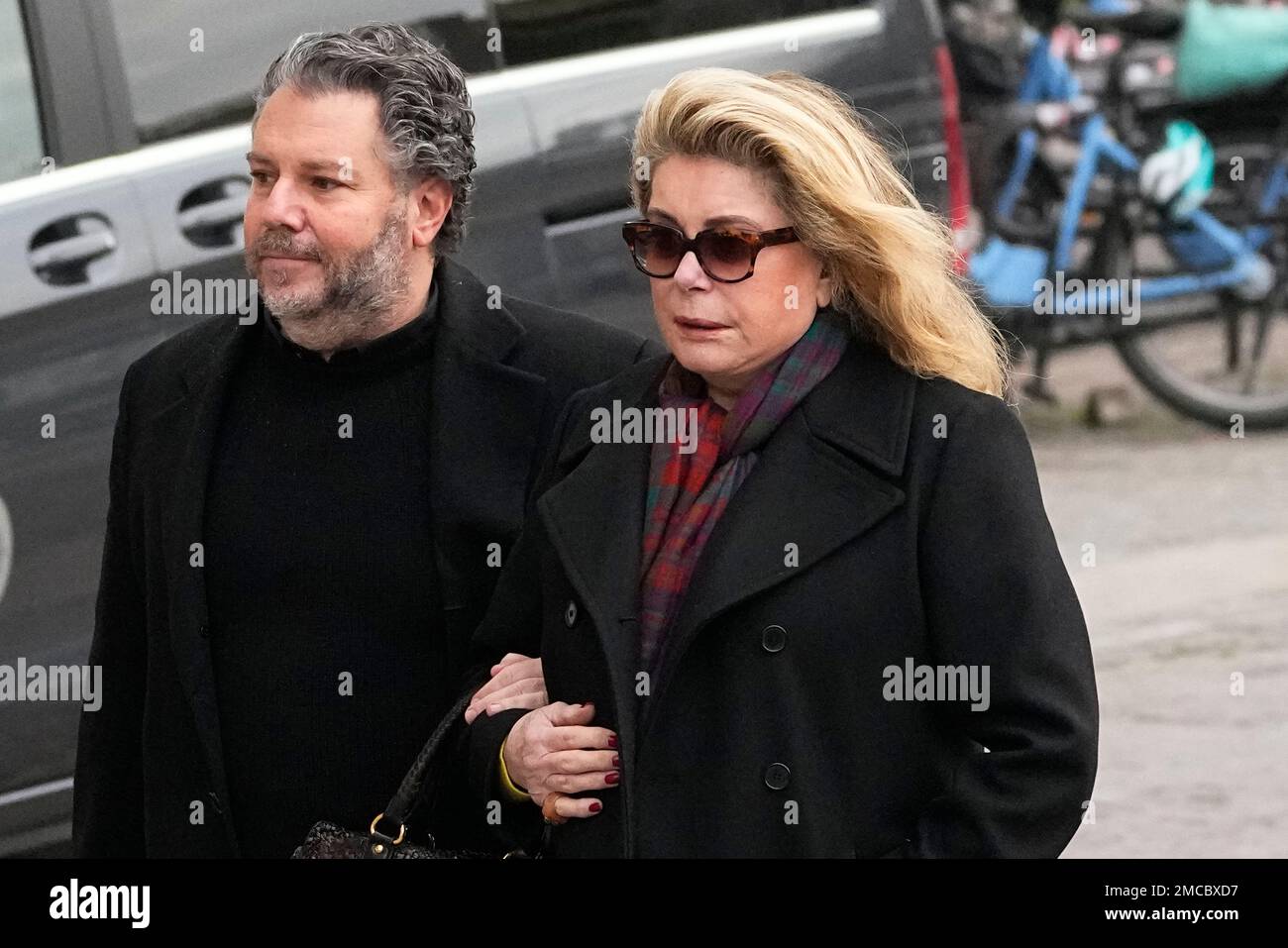 French actress Catherine Deneuve arrives at the Saint-Eustache church for  French actor Gaspard Ulliel's funeral service in Paris, Thursday, Jan.27,  2022. Gaspard Ulliel died Wednesday, Jan. 19, 2022, after a skiing accident