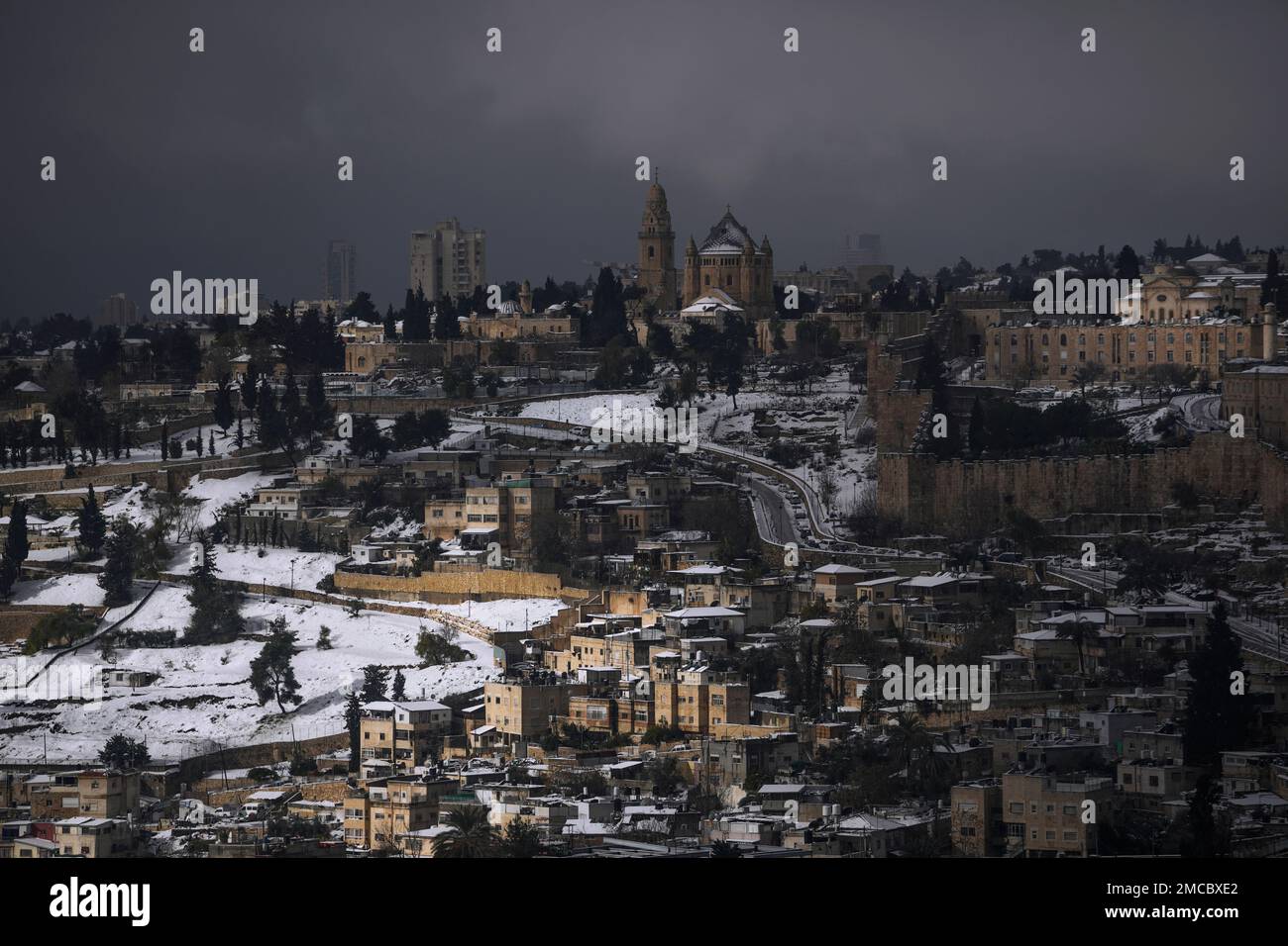 A view from Mount of Olives overlooking the snow covered Jerusalem ...