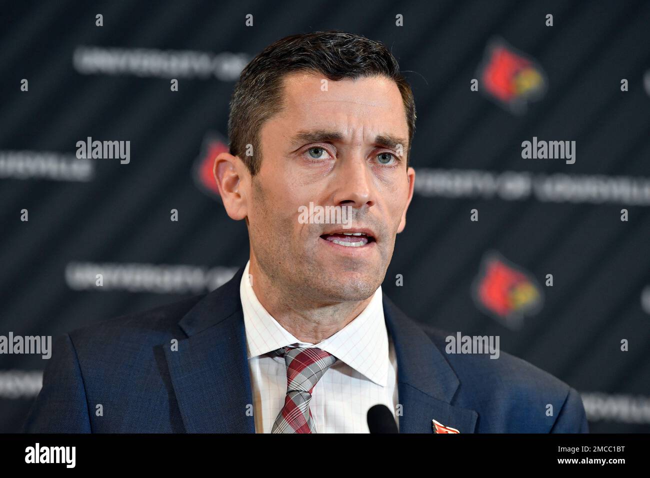 University of Louisville interim athletic director Josh Heird speaks to  reporters following a meeting of the University Board of Trustees and the  Louisville Athletic Association board, Wednesday, Jan. 26, 2022, in  Louisville