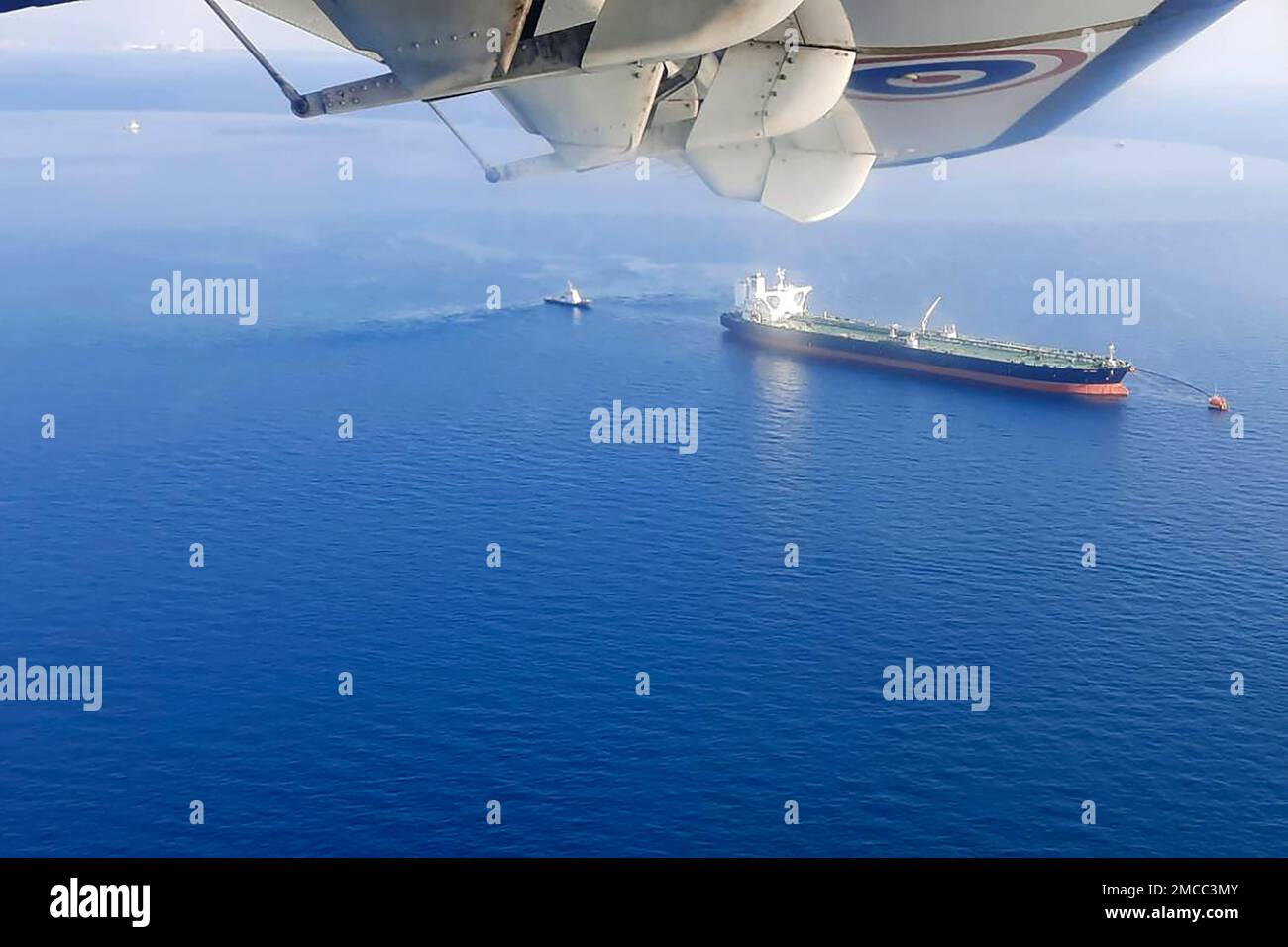 In this photo released by the Royal Thai Navy, an aerial view from a navy  plane shows a large oil spill off the coast of Rayong, eastern Thailand,  Wednesday, Jan. 26, 2022.