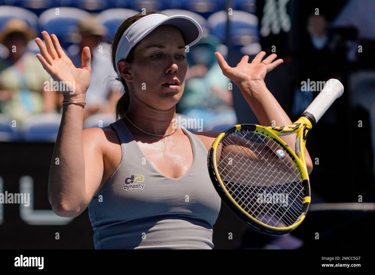Danielle Collins of the U.S. bounces the racket in frustration during