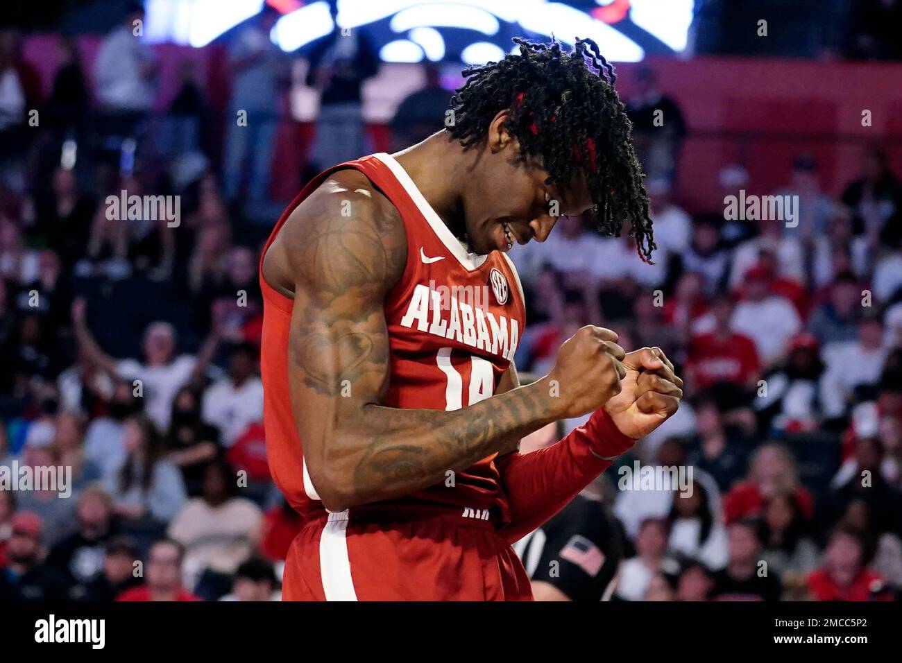 Alabama guard Keon Ellis (14) reacts after being fouled in the first