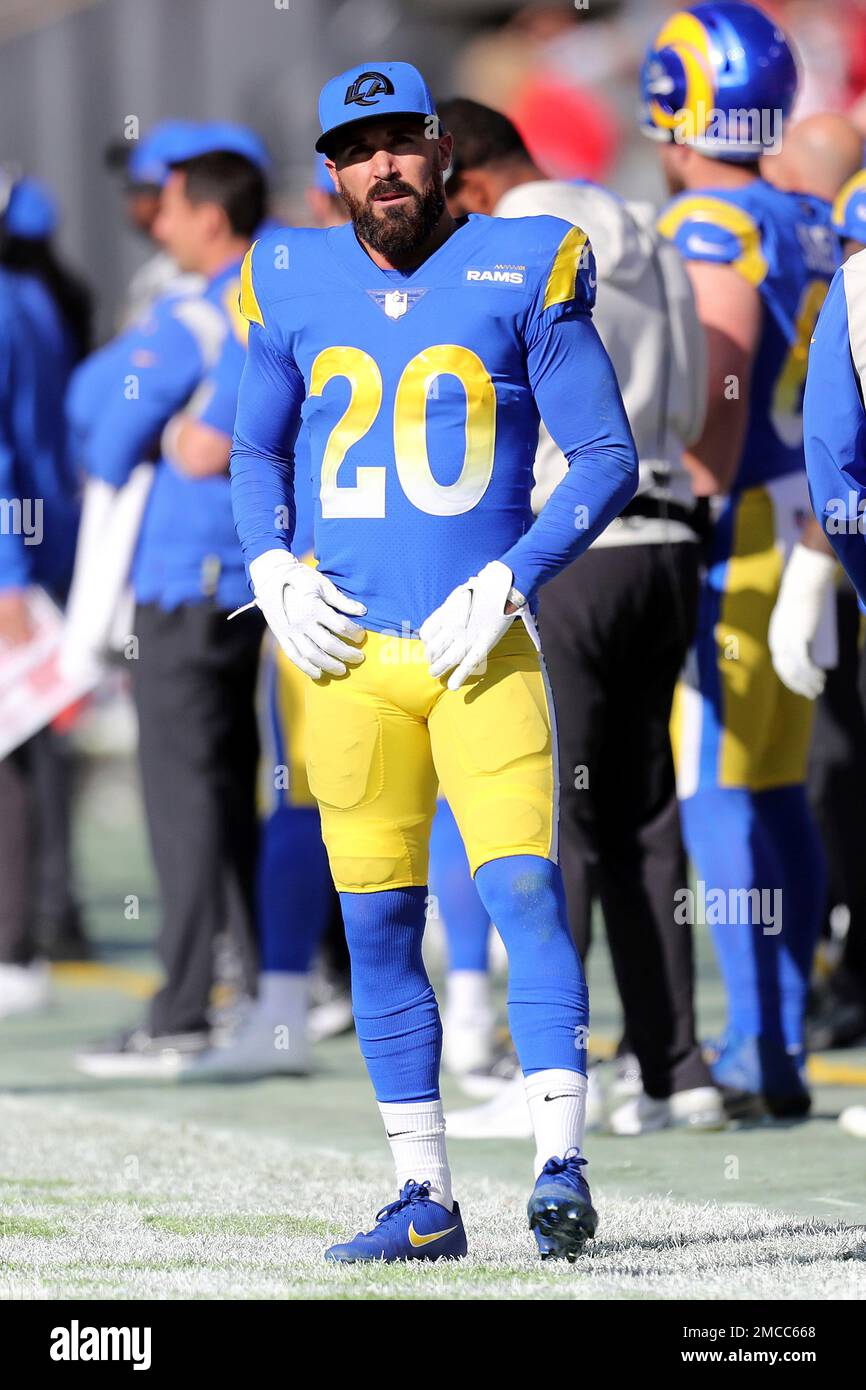 Los Angeles Rams wide receiver Eric Weddle (20) watches a replay during a  NFL divisional playoff football game between the Los Angeles Rams and Tampa  Bay Buccaneers, Sunday, January 23, 2022 in