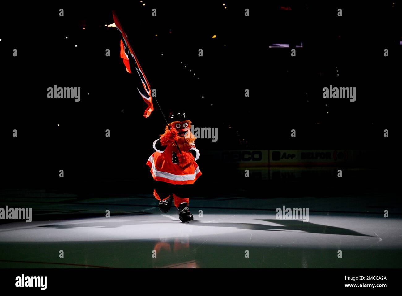 The Philadelphia Flyers mascot, Gritty, performs prior to an NHL hockey