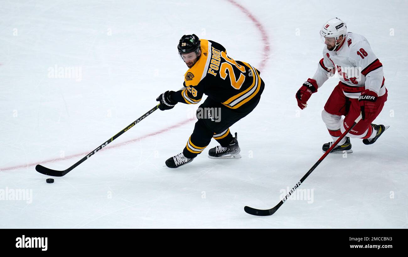 Boston Bruins defenseman Derek Forbort (28) is chased by Carolina  Hurricanes center Derek Stepan (18) during