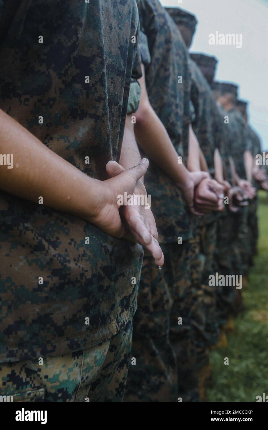 U.S. Marines with 6th Marine Regiment, 2d Marine Division, stand at parade rest at a change of command ceremony on Camp Lejeune, North Carolina, June 29, 2022. During the ceremony, Col. Jeffrey R. Kenney, the outgoing regimental commander of 6th Marines, relinquished command to Col. Gregory P. Gordon. Stock Photo