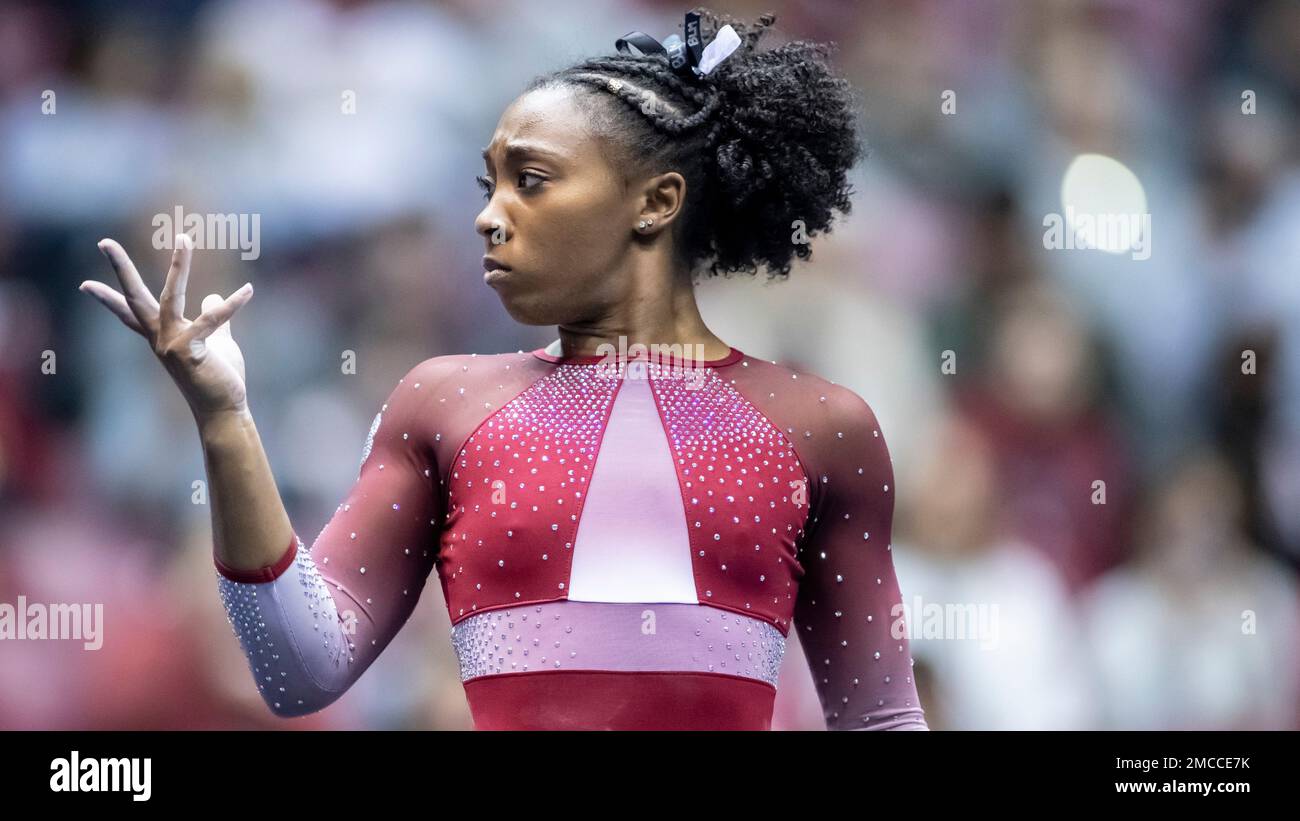 Alabama gymnast Sania Mitchell competes on the floor during an NCAA