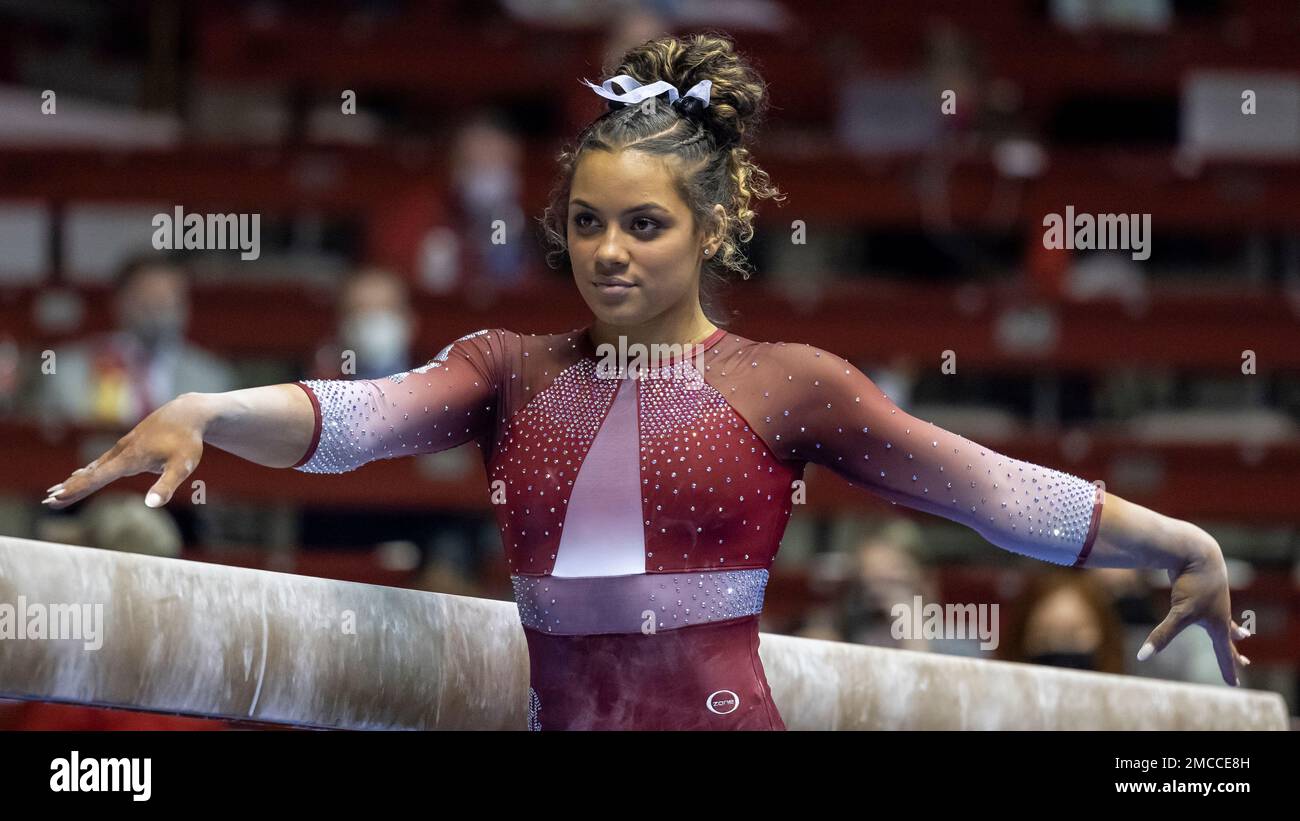 Alabama gymnast Makarri Doggette competes on the beam during an NCAA