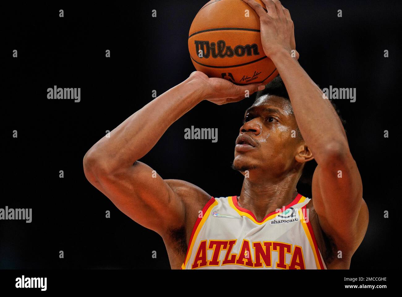 Atlanta Hawks forward De'Andre Hunter shoots a free throw after a