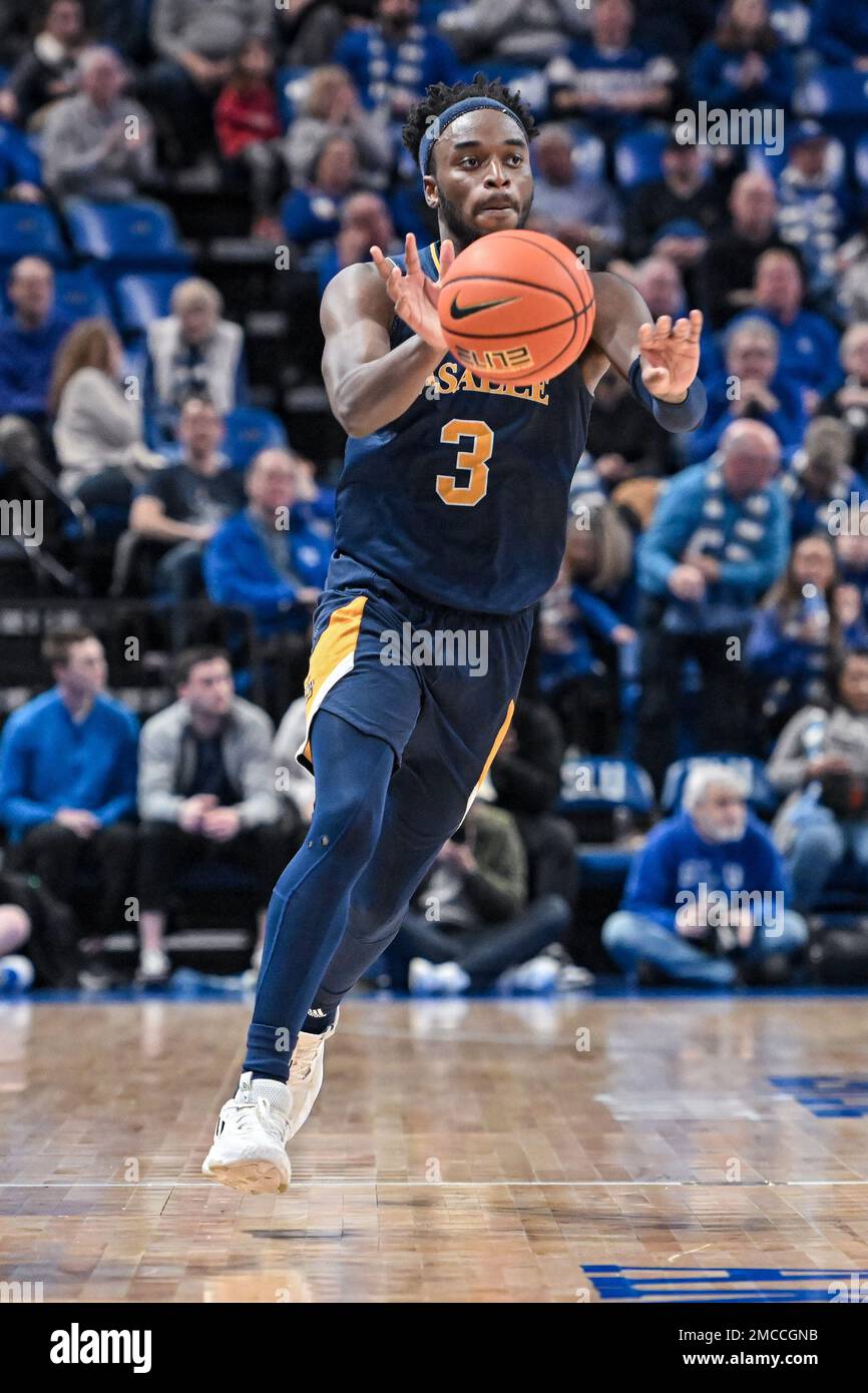 JANUARY 21, 2023: La Salle Explorers guard Anwar Gill (3) passes the ball on a fast rush down court in a conference game where the La Salle Explorers visited the St. Louis Billikens. Held at Chaifetz Arena in St. Louis, MO on January 21, 2023 Richard Ulreich/CSM Stock Photo