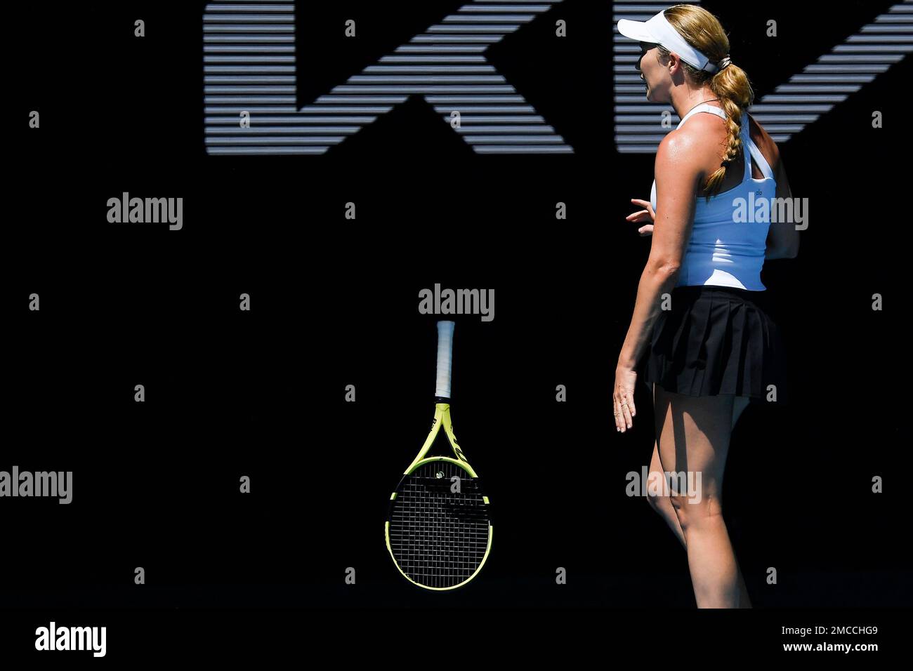 Danielle Collins of the U.S. throws her racket in frustration during