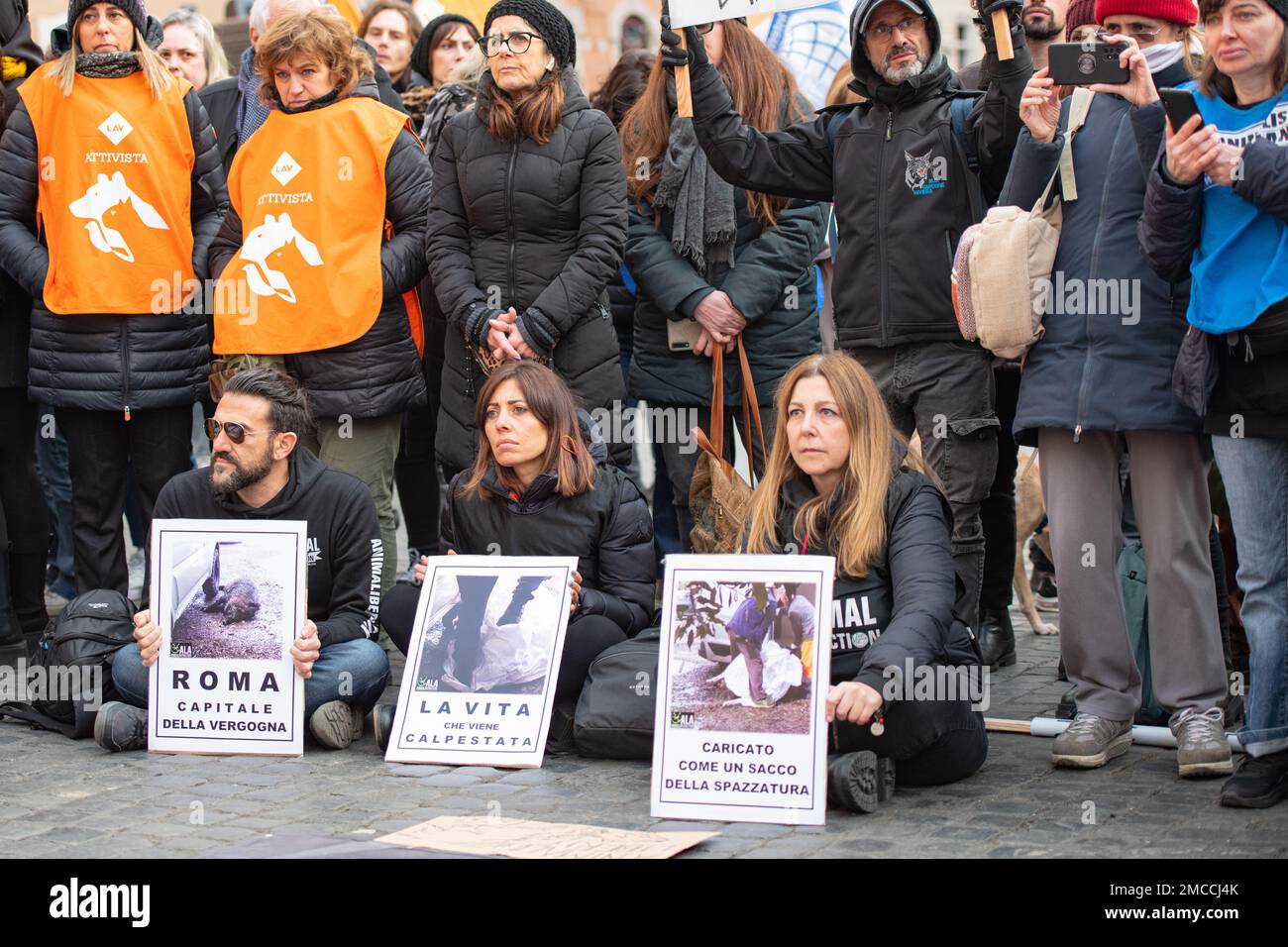 Rome, Italy, January 21st, 2023. Demonstration of the italia animal rights activists organized by the Cadapa association to contest the amendment approved in the Senate with the Budget Law which allows wild animal hunting even in urban areas. The modification of article 19 of the law of 11 February 1992, n.157 condemns to death wild species, even protected ones, and allows dangerous slaughter of animals even in the city. Marcello Valeri / Alamy Live News. Stock Photo