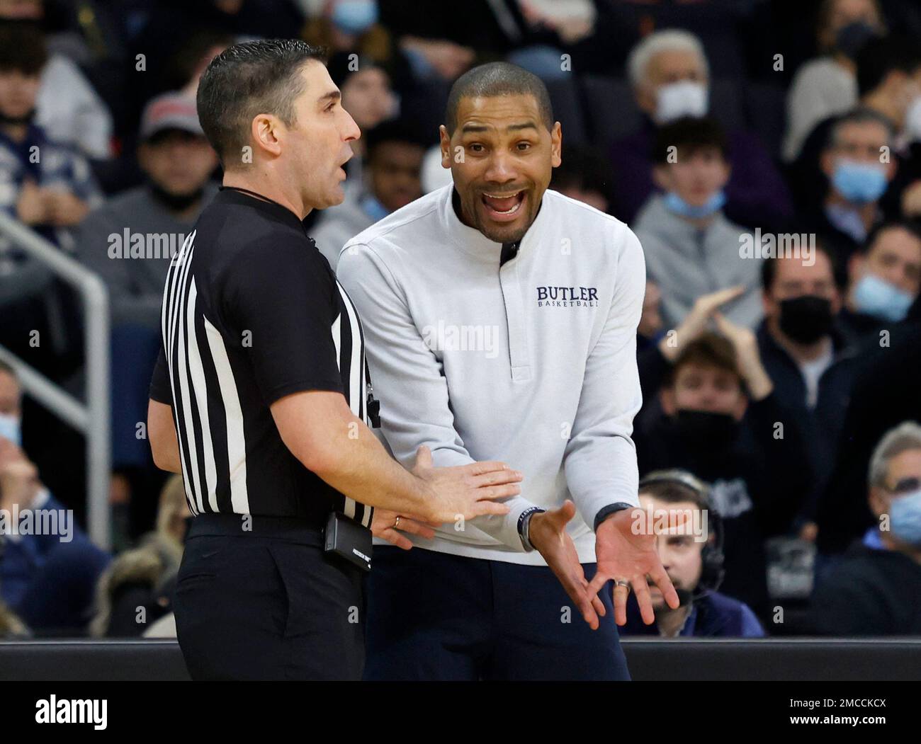Butler head coach LaVall Jordan pleads his case to official Tony Chiazza  during the second half of an NCAA college basketball game against  Providence, Sunday, Jan. 23, 2022, in Providence, R.I. (AP