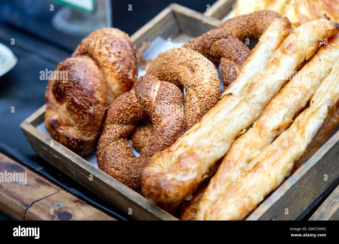 Bread selection at Spitalfields Market, London, UK Stock Photo