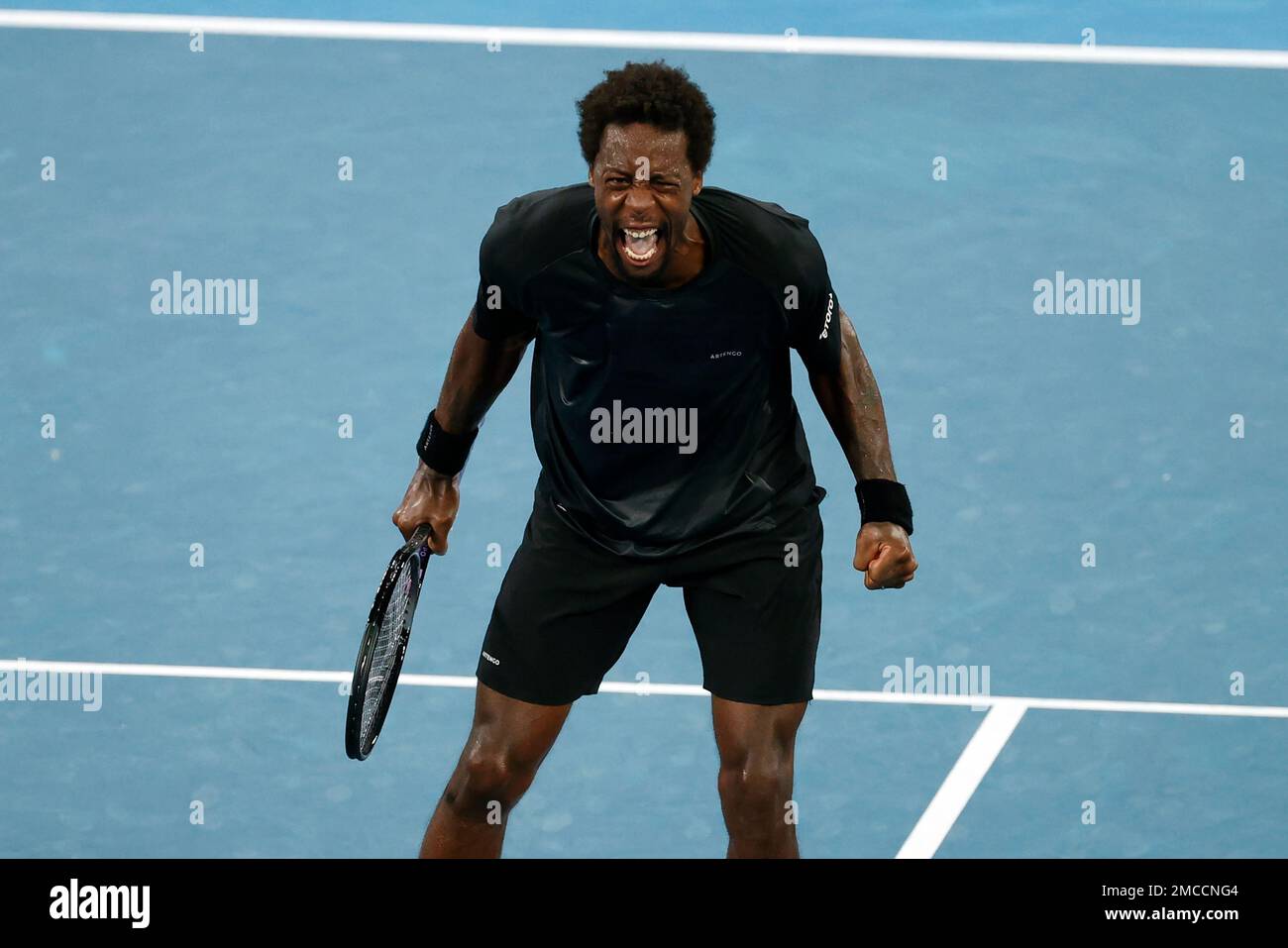 Gael Monfils of France celebrates after defeating Miomir Kecmanovic of Serbia in their fourth round match at the Australian Open tennis championships in Melbourne, Australia, Sunday, Jan