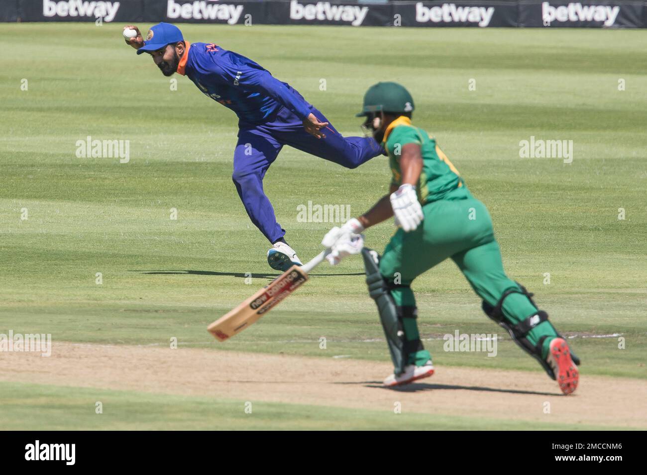Indian Captain Kunnar Rahlc races to run Temba Bavuma out during the third  ODI match between South Africa and India at Newlands, Cape Town, South  Africa, Sunday, Jan. 23, 2022. (AP Photo/Halden