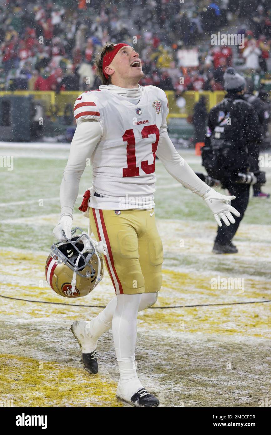 San Francisco 49ers wide receiver Richie James (13) reacts after beating  the Green Bay Packers in