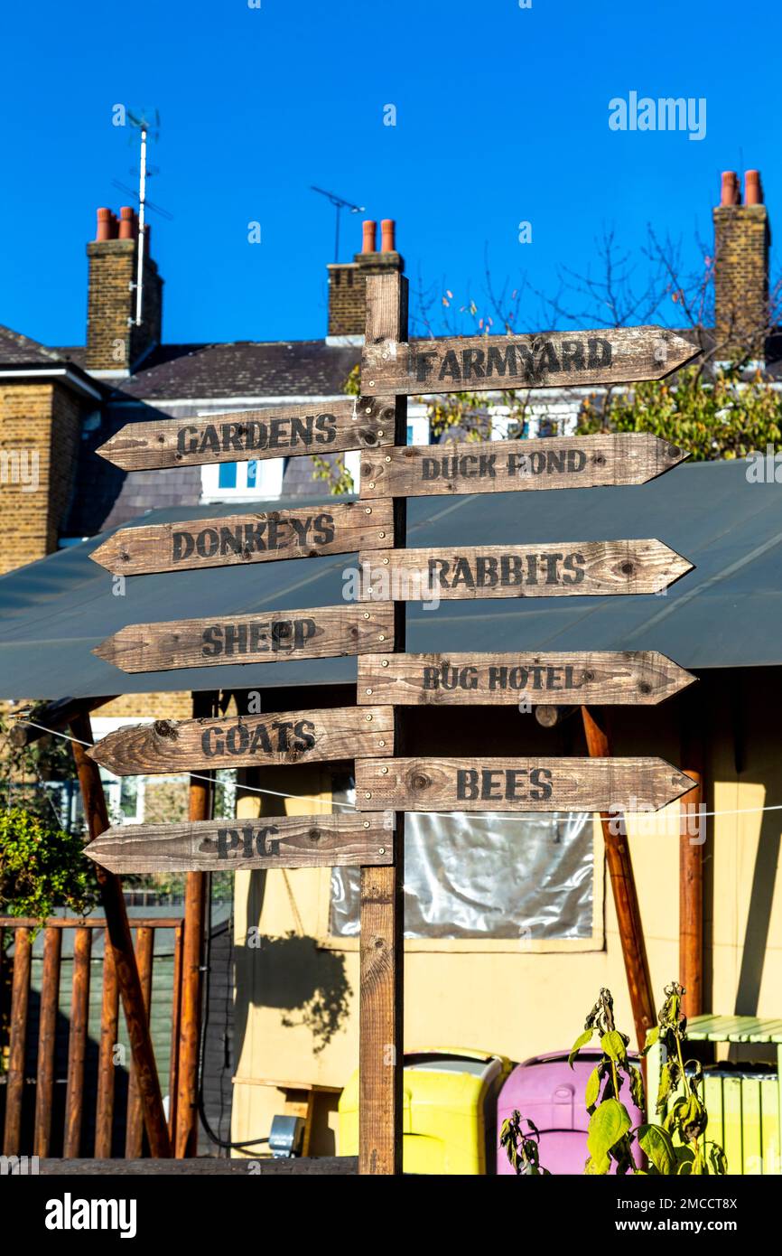 Direction sign at Spitalfields City Farm, London, UK Stock Photo