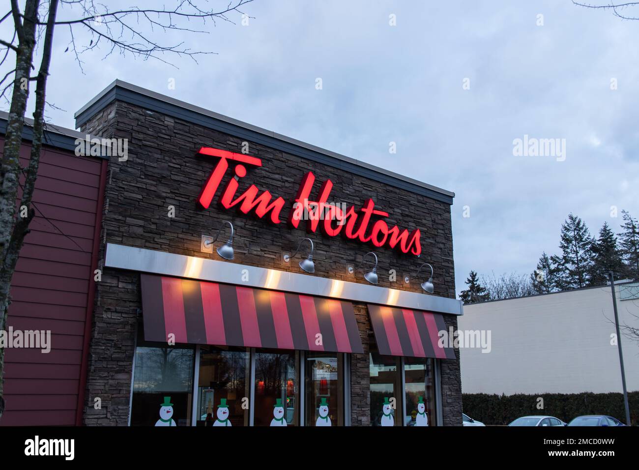 Sign of Tim Hortons. Tim Hortons Inc. is a Toronto based Canadian coffeehouse & restaurant chain. It’s Canada's largest quick-service restaurant chain Stock Photo