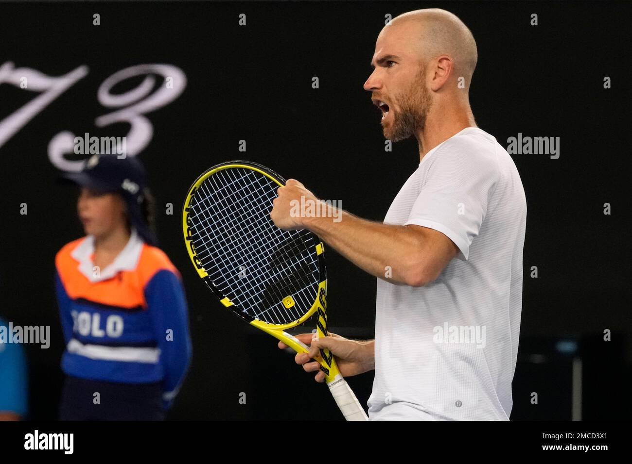 Aslan Karatsev of Russia reacts after winning a point against Adrian Mannarino of France during their third round match at the Australian Open tennis championships in Melbourne, Australia, Saturday, Jan