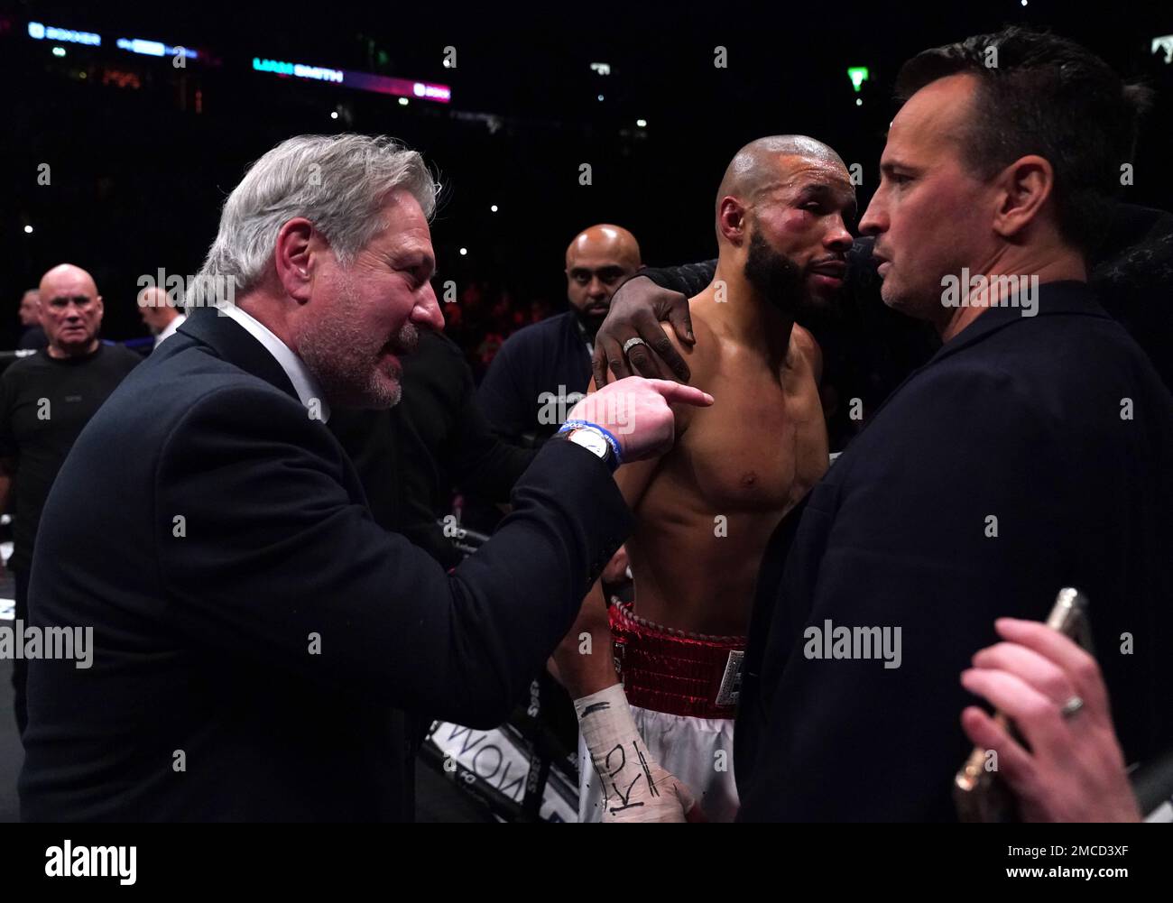 Robert Smith, secretary general of the British Boxing Board of Control, orders Chris Eubank Jr back to the changing rooms following defeat at the AO Arena, Manchester. Picture date: Saturday January 21, 2023. Stock Photo