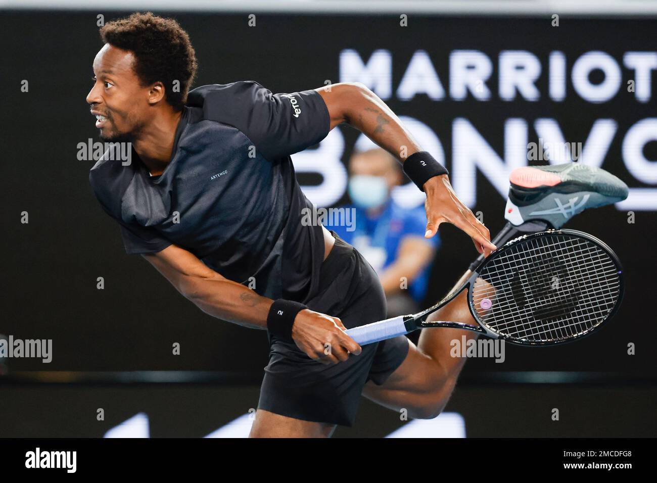 Gael Monfils of France serves to Alexander Bublik of Ukraine during their second round match at the Australian Open tennis championships in Melbourne, Australia, Wednesday, Jan