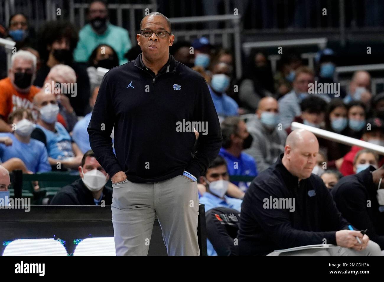 North Carolina head coach Hubert Davis watches during the first half of