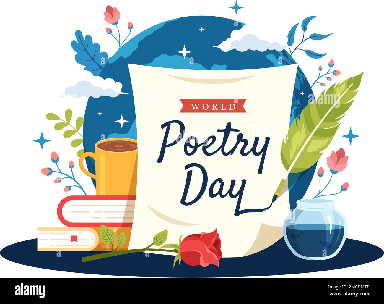 World Poetry Day on March 21 Illustration with a Quill, Paper or