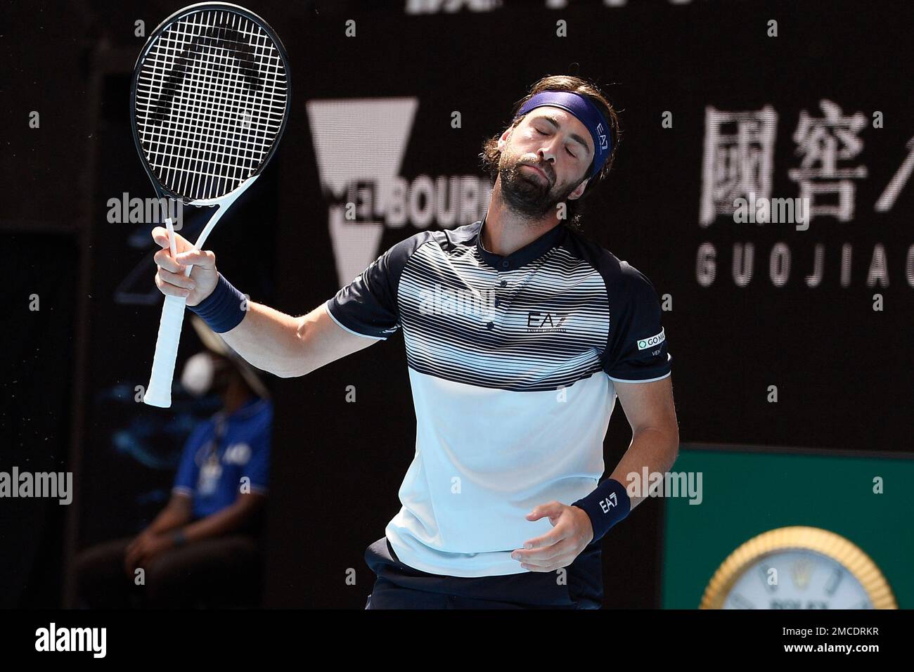 Nikoloz Basilashvili of Georgia reacts during his first round match against Andy Murray of Britain at the Australian Open tennis championships in Melbourne, Australia, Tuesday, Jan