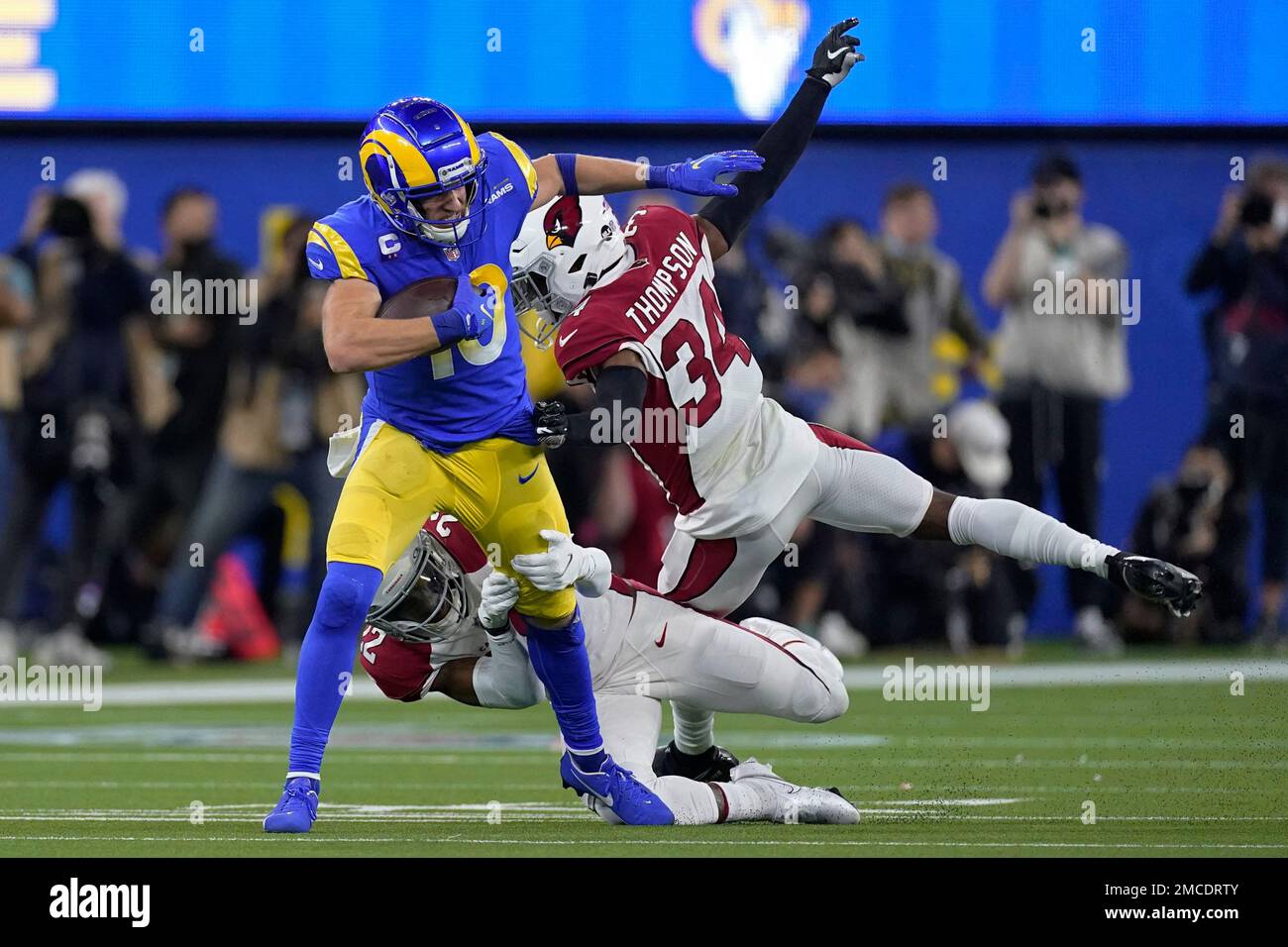 Arizona Cardinals safety Deionte Thompson (22) catches a ball during  warmups before playing the Los Angeles Rams in a NFL Professional Football  Game Sunday, October 3, 2021, in Los Angeles, Calif. (AP