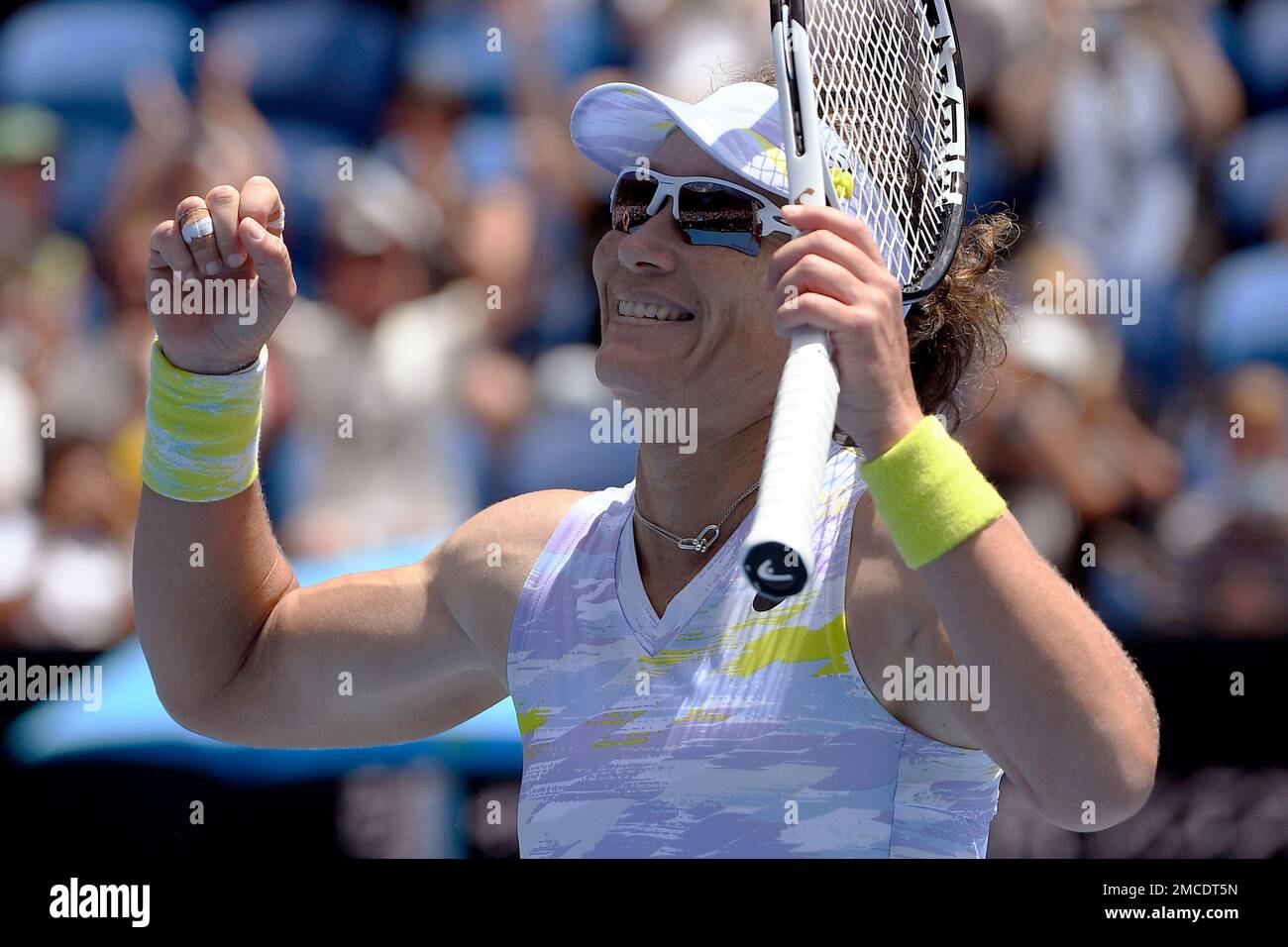 Samantha Stosur of Australia reacts after defeating Robin Anderson of the  U.S. in their first round match at the Australian Open tennis championships  in Melbourne, Australia, Tuesday, Jan. 18, 2022. (AP Photo/Andy